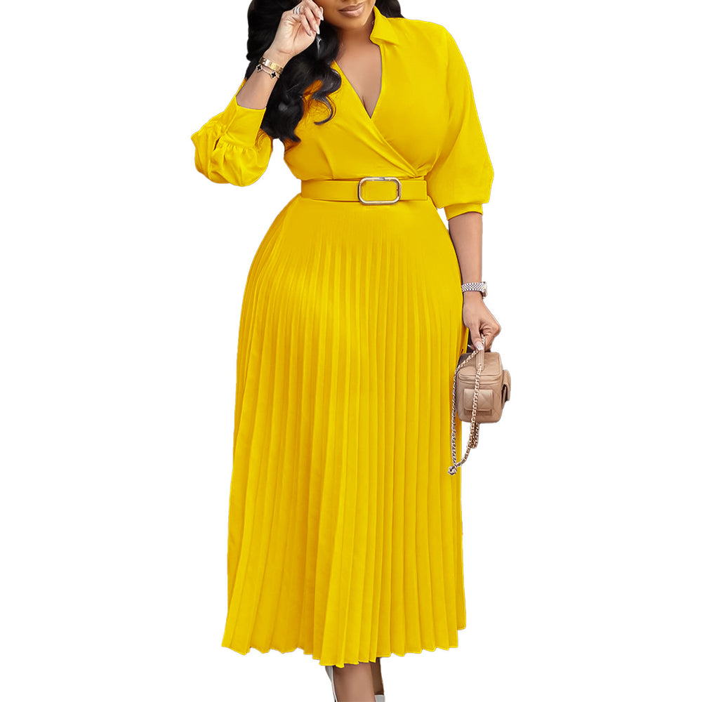 D3327  women's clothing  spring new fashion v-neck solid color long sleeve pleated maxi dress - export quality