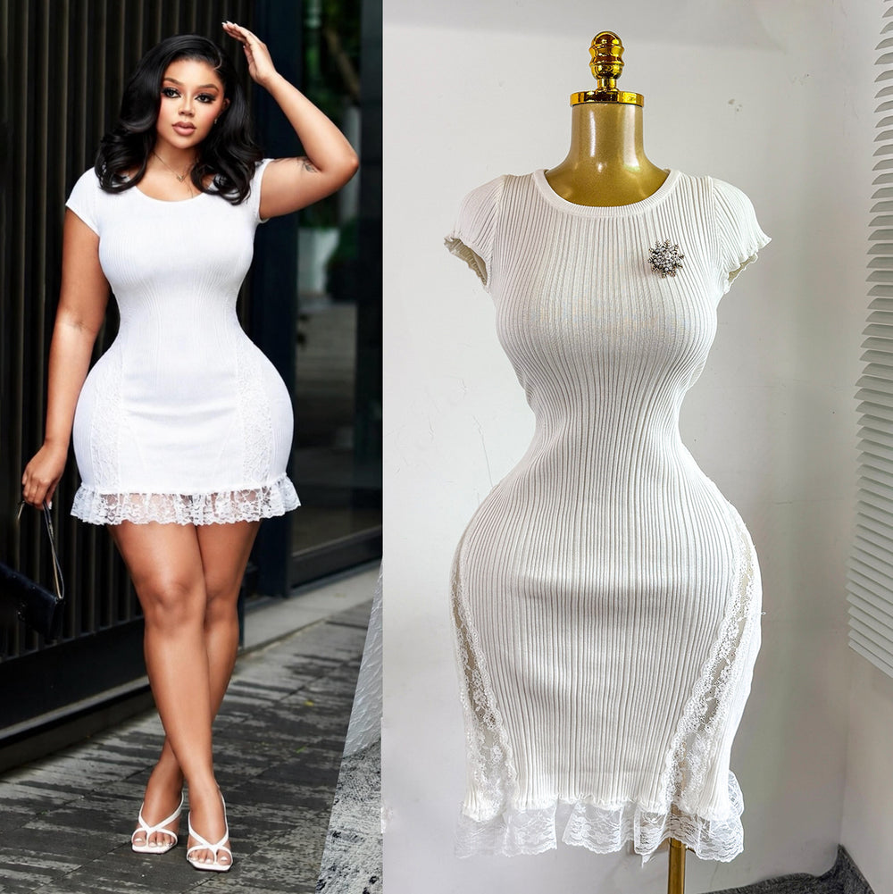 Xiaoxiangfengelegance round neck lacepatchworkshortknittingdress female silm waist slimming look short skirt dress