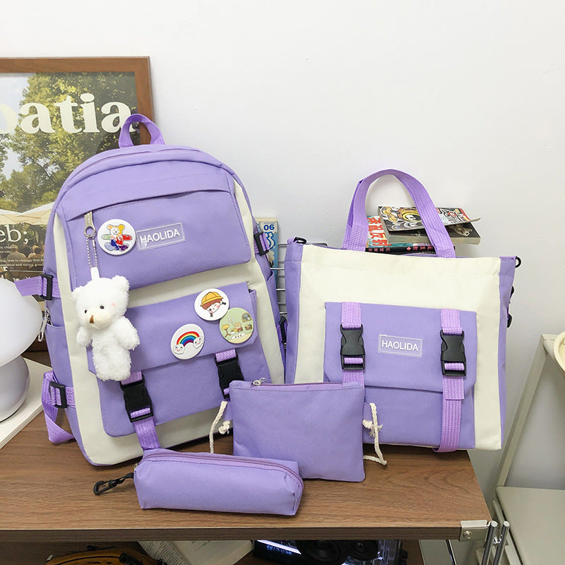 New fashionable contrasting color student schoolbag junior high school large-capacity four-piece backpack class travel backpack make-up bag