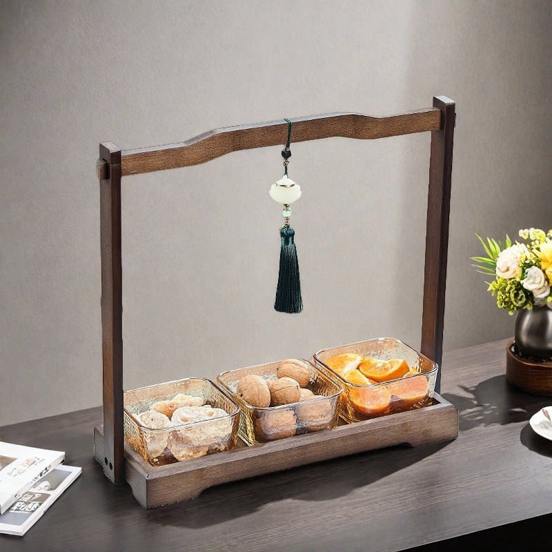 Luxury walnut wood-effect fruit & snack platter - home use, divided compartments, creative dried fruit dish, dessert glass bowl & fruit plate