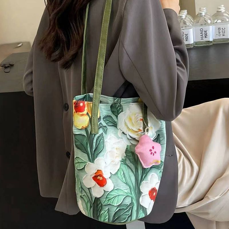 2024 new oil painting floral niche high-end shoulder bag, versatile, large capacity commuter bucket bag for women - stunning design