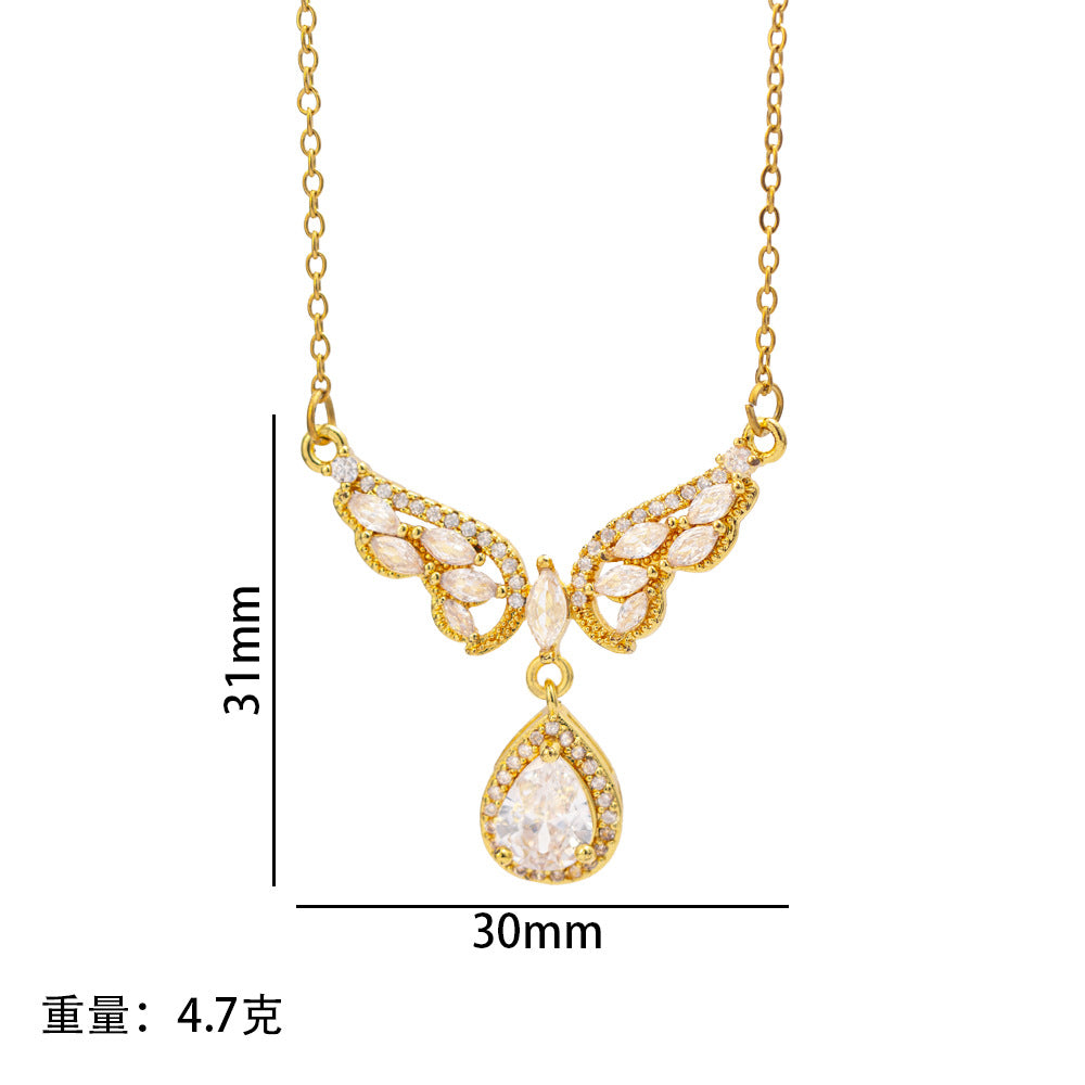 [titanium steel] japanese and korean popular diamond-filled wings water drop necklace for women, high-end light luxury exquisite sweater chain jewelry