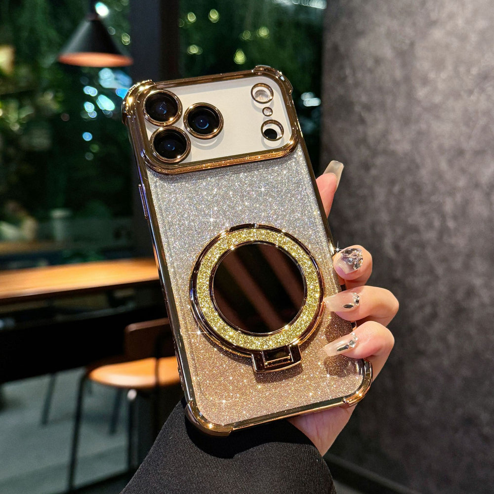 Glitter mirror magnetic stand compatible iphone 17 pro case, 16, apple 13, four-corner electroplated drop-proof protection
