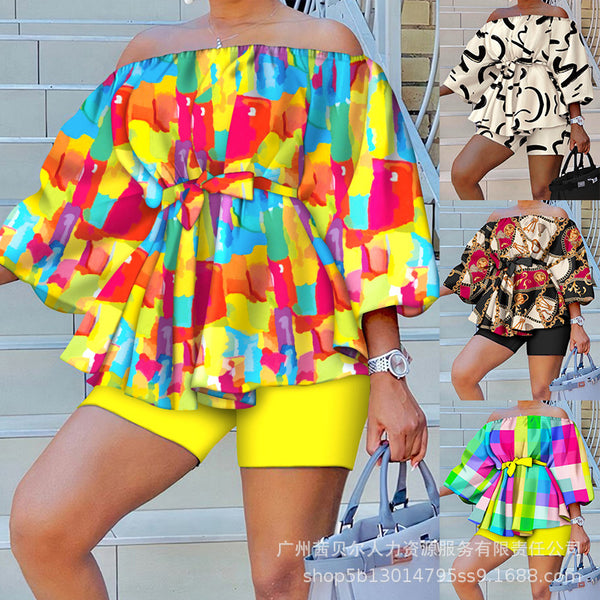 Foreign trade women's clothing   new product printing one-word shoulder top + solid color short pants set