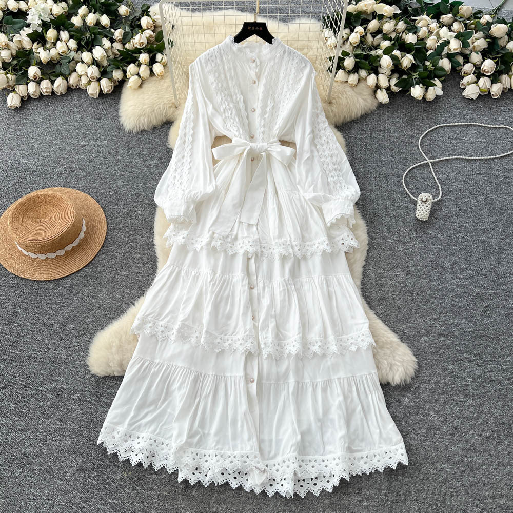 Frenchclassyretrolacepatchwork lantern sleeve dress women's autum strap waist slimming lookelegance long dress