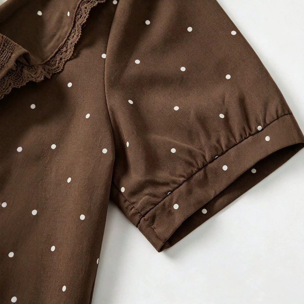 European and american style country polka dot blouse - v-neck, double-layer ruffle lace trim, tie-waist, loose fit, short sleeve top