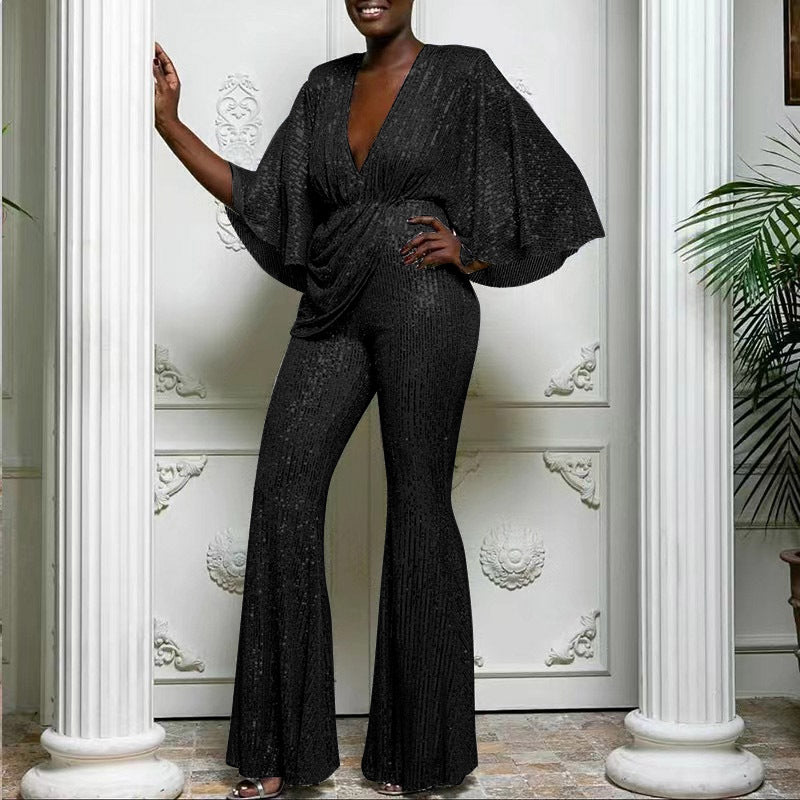european and american new women's fashion: sequin sexy deep v backless jumpsuit pants - direct sales for  &