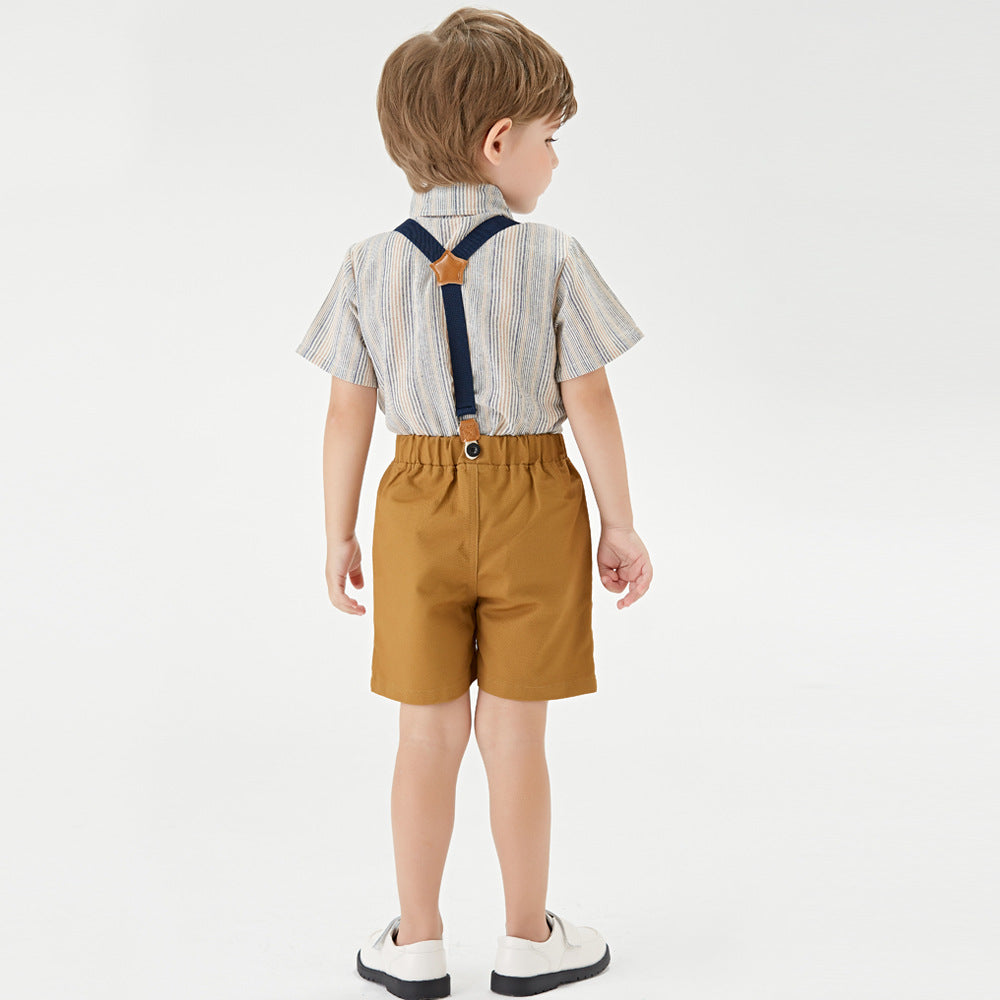 New boys' summer outfit set: striped short-sleeve shirt and overalls for mid-to-large children. customization available. wholesale from manufacturer. perfect for first birthday celebrations