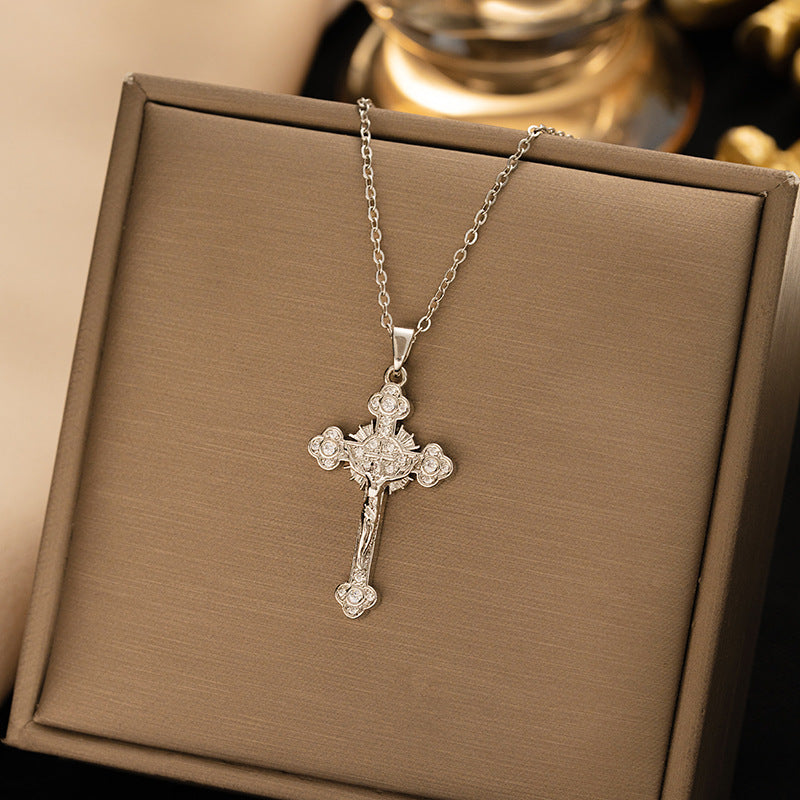 【titanium steel】necklace for women, cross-border fashion, full diamond colorful zircon cross pendant, high-end clavicle chain jewelry