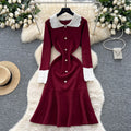 Frenchretro small fragrance style contrast color lapel long sleeves single breasted waist slimming lookelegantrufflesknittingdress