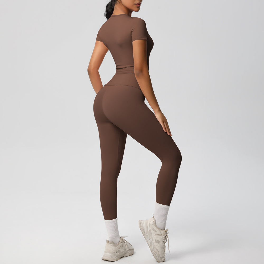Ready-to-ship, solid color, double-sided brushed, breathable, form-fitting, two-piece activewear set for fitness, running, and yoga