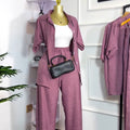 European and american cross-border women's fashion  autumn new solid color turn-down collar short sleeve shirt high-waisted wide leg pants casual set