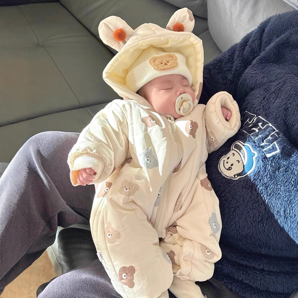 Newborn baby 100-day celebration bodysuit, infant winter clothes, thickened fleece-lined outfit, cartoon full month celebration winter wear