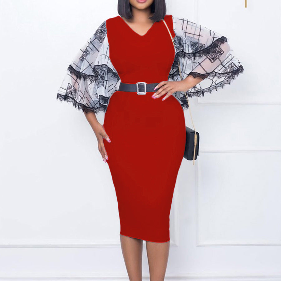 D301 cross-border women's fashion  new v-neck flared sleeve bodycon pencil skirt - office commute style, european & american dress