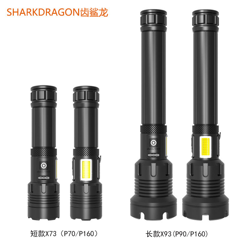 Cross-border new XHP90 + COB strong light flashlight USB charging outdoor zoom side light P160 LED flashlight