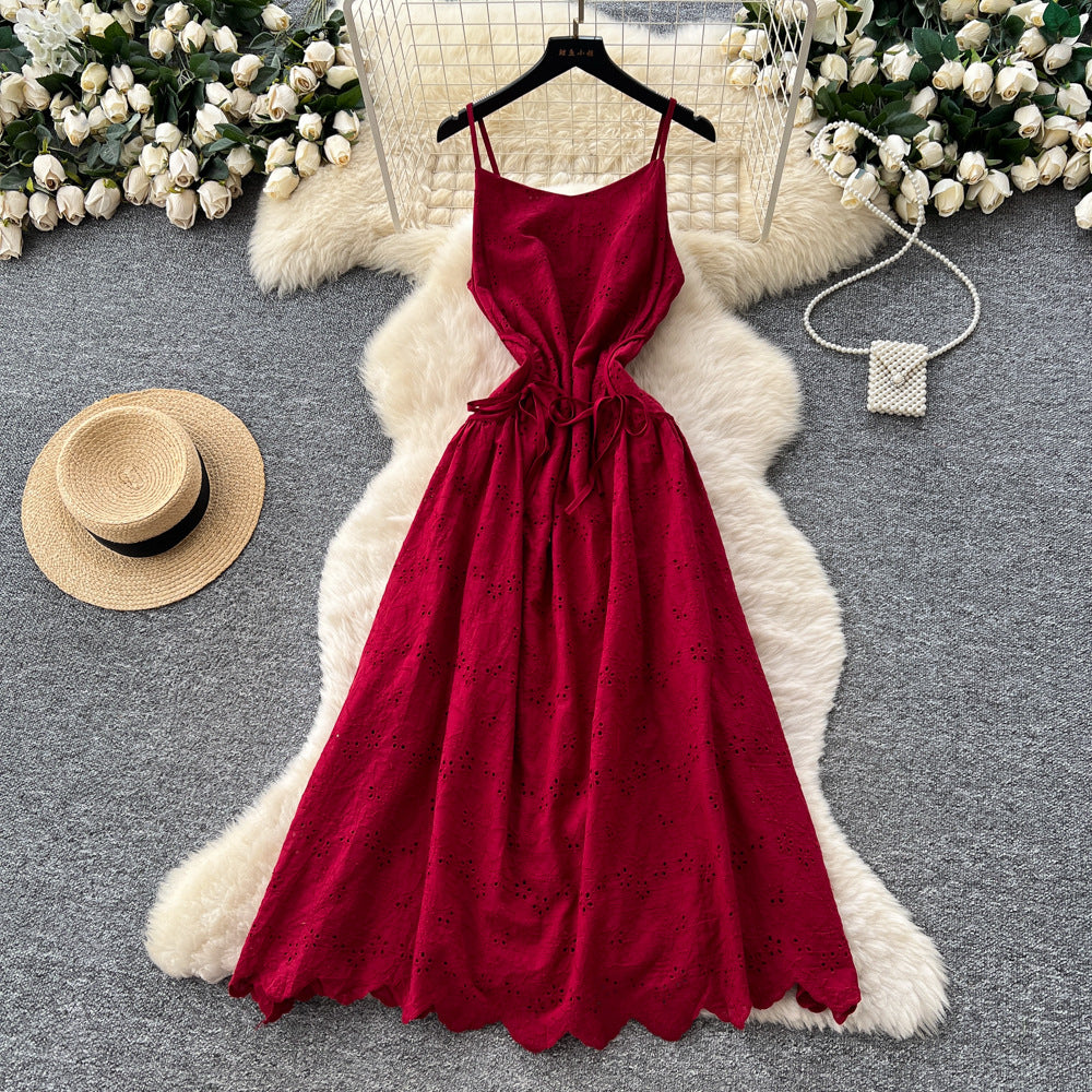 French riviera style strappy cutout cami dress - rose red, slim fit, long, sexy beach dress