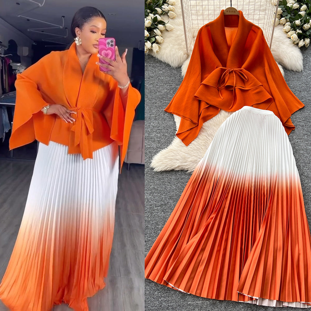 Miya pleated butterfly sleeve gradient tie back shawl short outweartops+gradient pleated skirt two-piece set