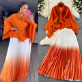 Miya pleated butterfly sleeve gradient tie back shawl short outweartops+gradient pleated skirt two-piece set