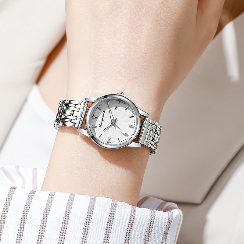 New classic waterproof calendar quartz watch for women - minimalist korean style, trendy diamond-accented, elegant stainless steel band