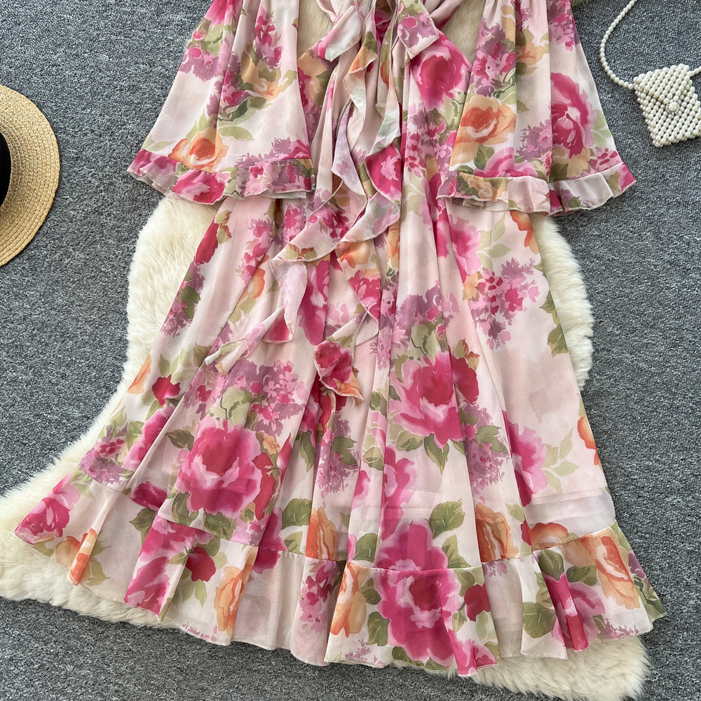 French romantic one-shoulder flared sleeve floral dress - women's summer long sleeve vacation ruffle hem maxi dress
