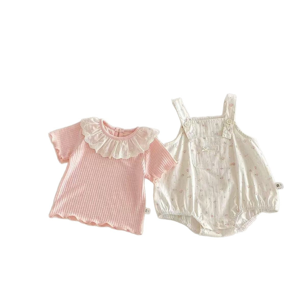 Summernew arrivalgirl short-sleeved baby suitsweet bag butt two-piece setk-style floral strap bag butt skirt suit
