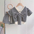 Korean girls' summer  new fashion striped set: kids' bowknot short-sleeve t-shirt + shorts