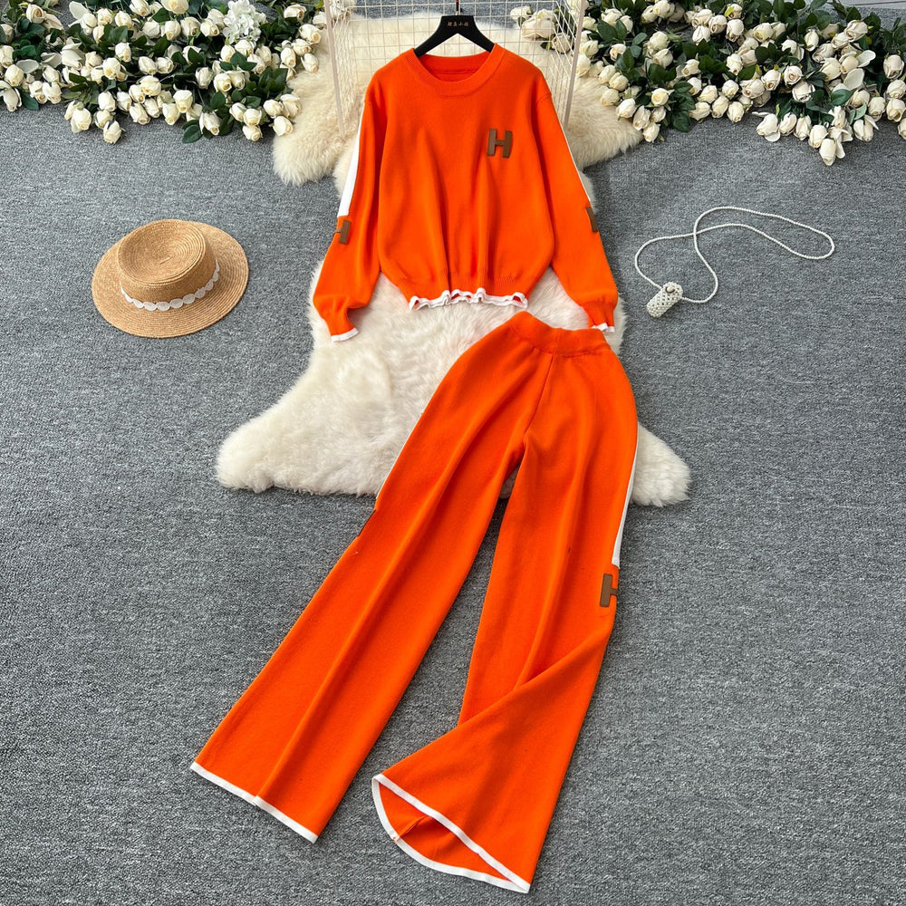 Trendy letter embroidered knit top long sleeve sweater high waist wide leg pants casual sporty two-piece set for women