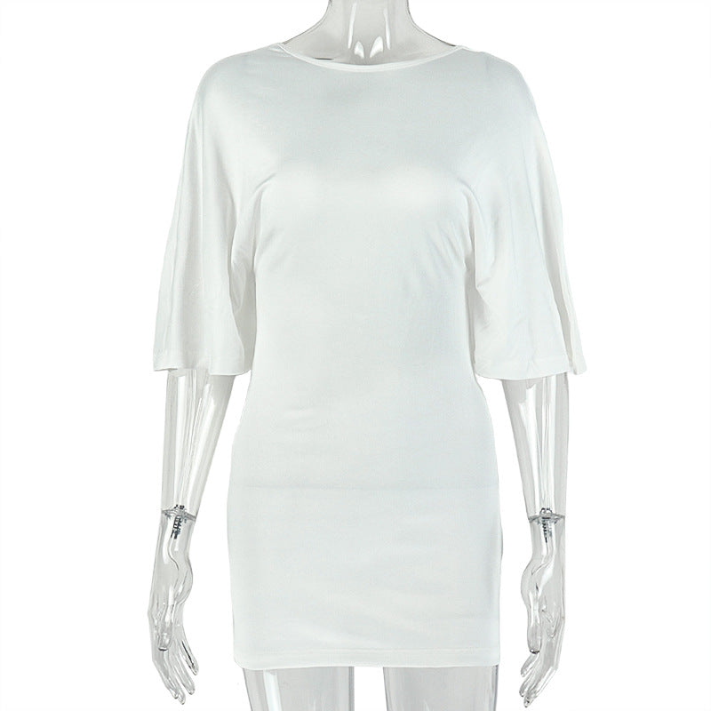 Fashion style cross-border pure color women's clothing strappy looseelegant pleated hip skirt round neck long sleeves waist short dress