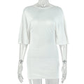 Fashion style cross-border pure color women's clothing strappy looseelegant pleated hip skirt round neck long sleeves waist short dress