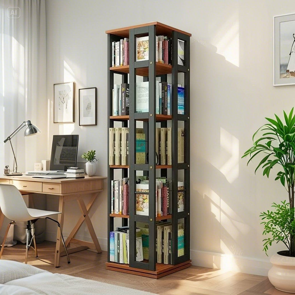 Rotating student bookshelf bookcase, mobile multi-tier kids storage floor rack, simple organizer, multifunctional living room shelf