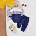 Baby boy & girl casual ribbed knit patchwork long sleeve top and pants set - spring/autumn collection