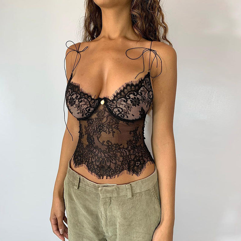 Amazon  independent station best sellinglace sling summernew arrival low-cut see-through v neck vest
