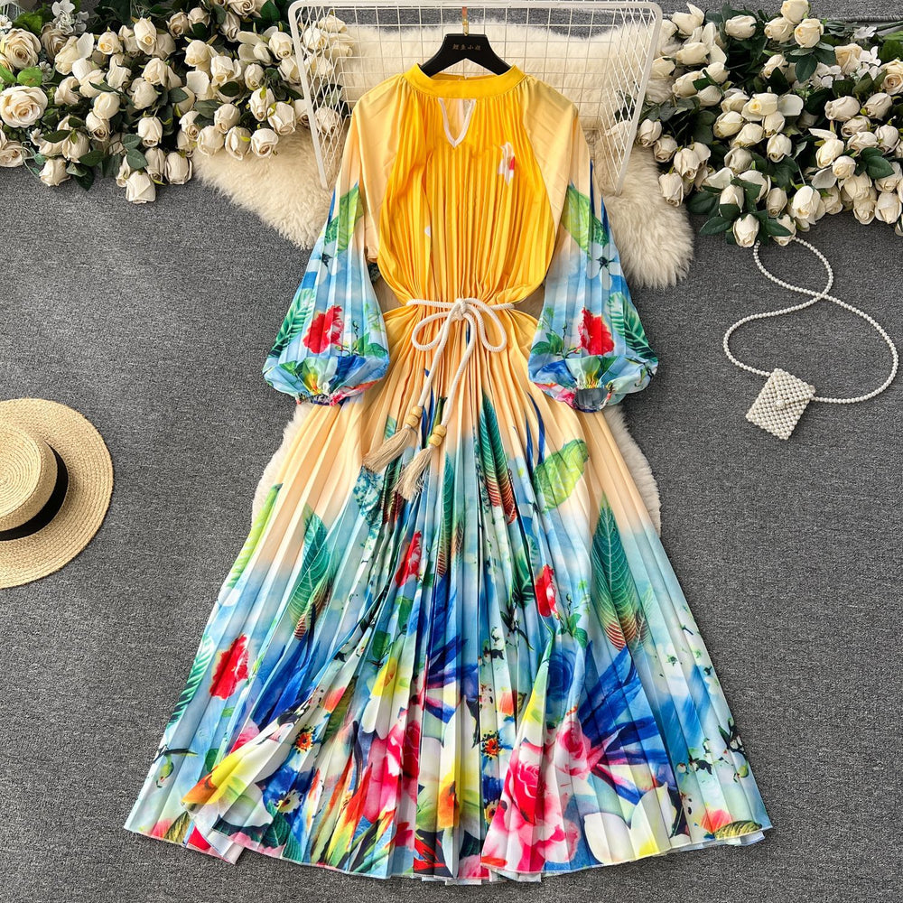 Elegant and chic printed dress for women - summer bubble sleeve tie-waist design, unique and flowy fairy dress