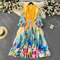 Elegant and chic printed dress for women - summer bubble sleeve tie-waist design, unique and flowy fairy dress