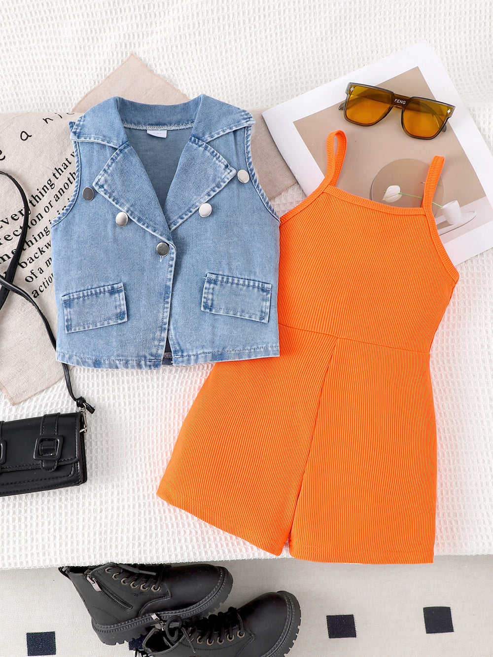 new arrivalsummergirl lapel denim vest matchingpure color suspender one-piece shortstwo-piece setsuit