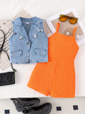 new arrivalsummergirl lapel denim vest matchingpure color suspender one-piece shortstwo-piece setsuit