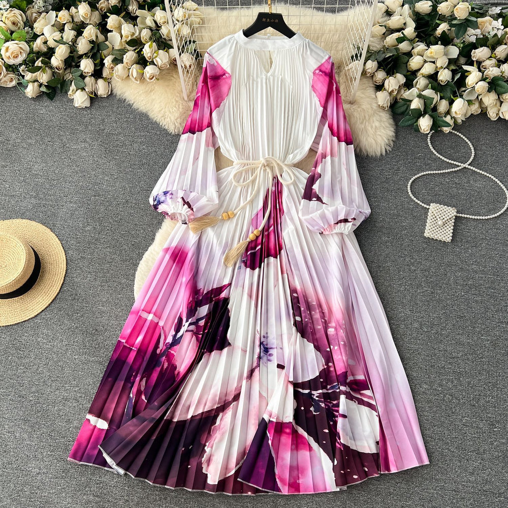 Elegant and chic printed dress for women - summer bubble sleeve tie-waist design, unique and flowy fairy dress