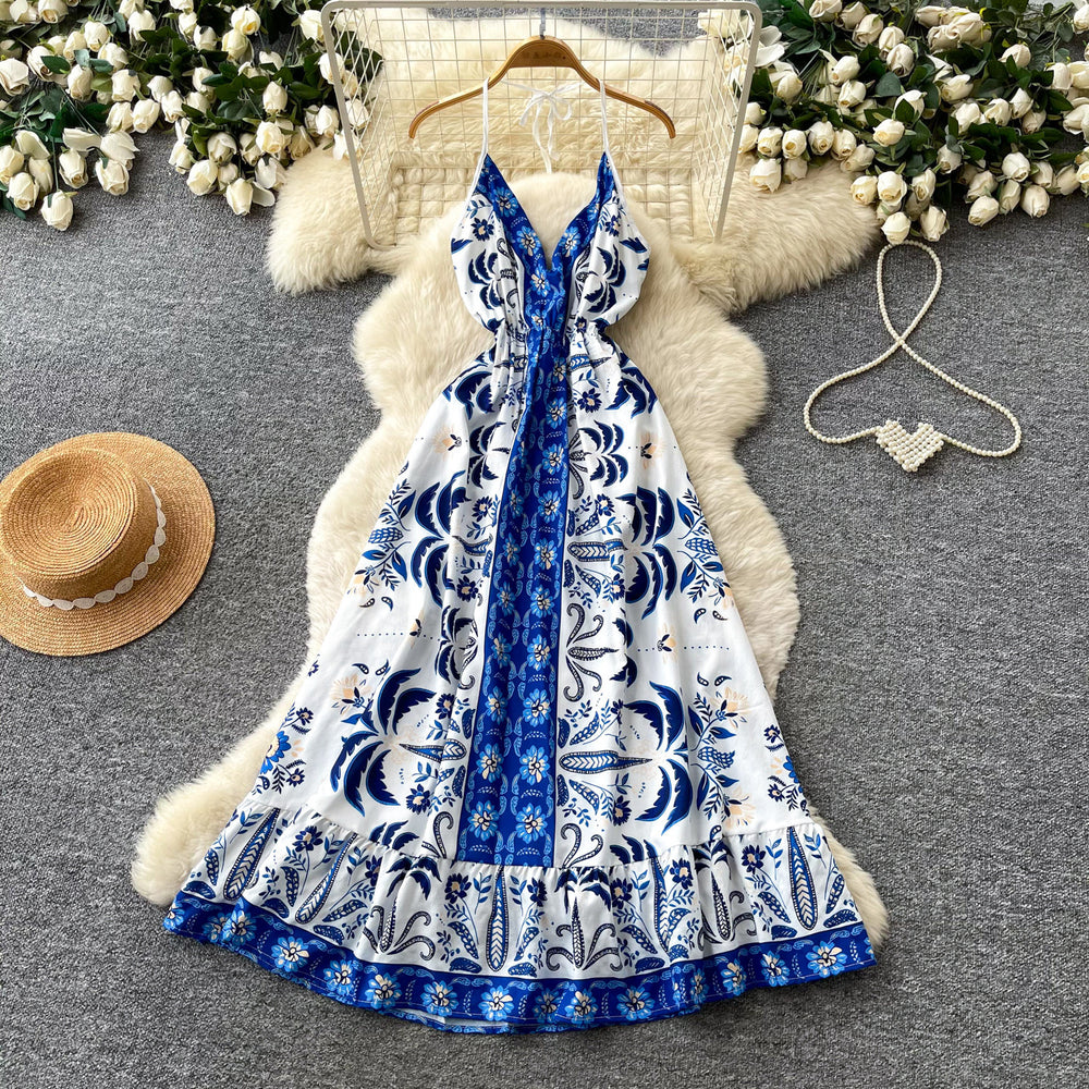 Vacation style v neckprinting suspender pure desire dress women's summer waist slimming lookruffles sleeveless elegant long skirt