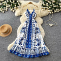Vacation style v neckprinting suspender pure desire dress women's summer waist slimming lookruffles sleeveless elegant long skirt