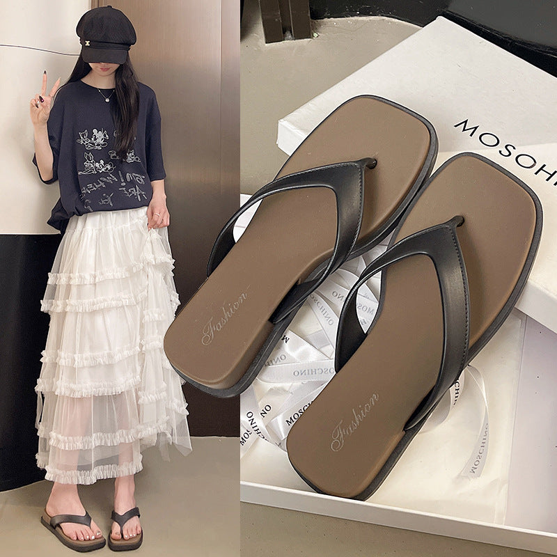 K-style square toe flip-flops for women summer 2026new arrivaloutwearcasualnon-slip beach french small sandals sandals