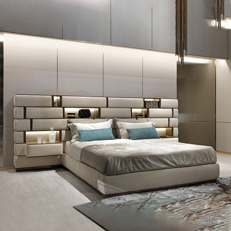 Italian designer wide-screen bed - modern luxury double bed for master bedroom, perfect for villas and large apartments - premium matte leather finish