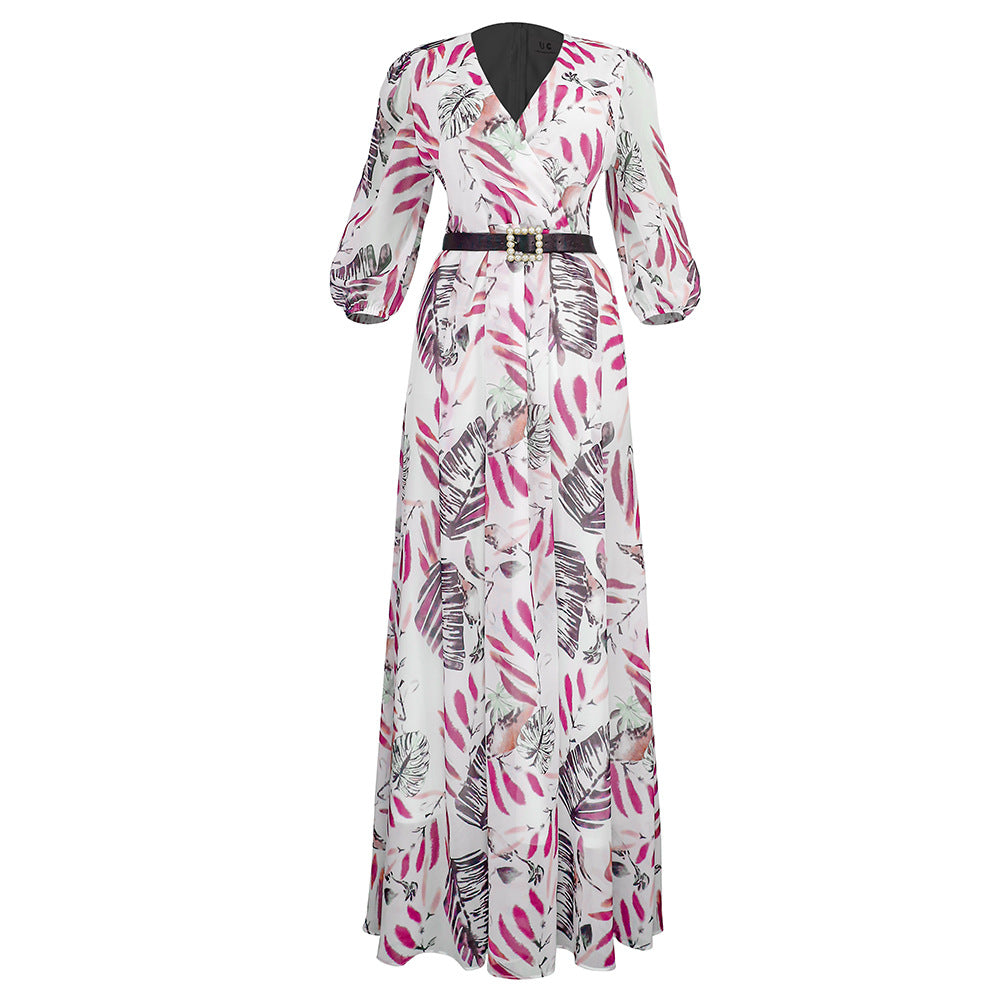 African women's clothing   new sexy v-neck printed dress european and american  long maxi skirt + belt