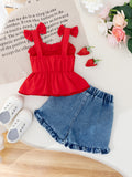 summer collection: girls' camisole top with bow detail and cinched waist design + washed denim shorts set