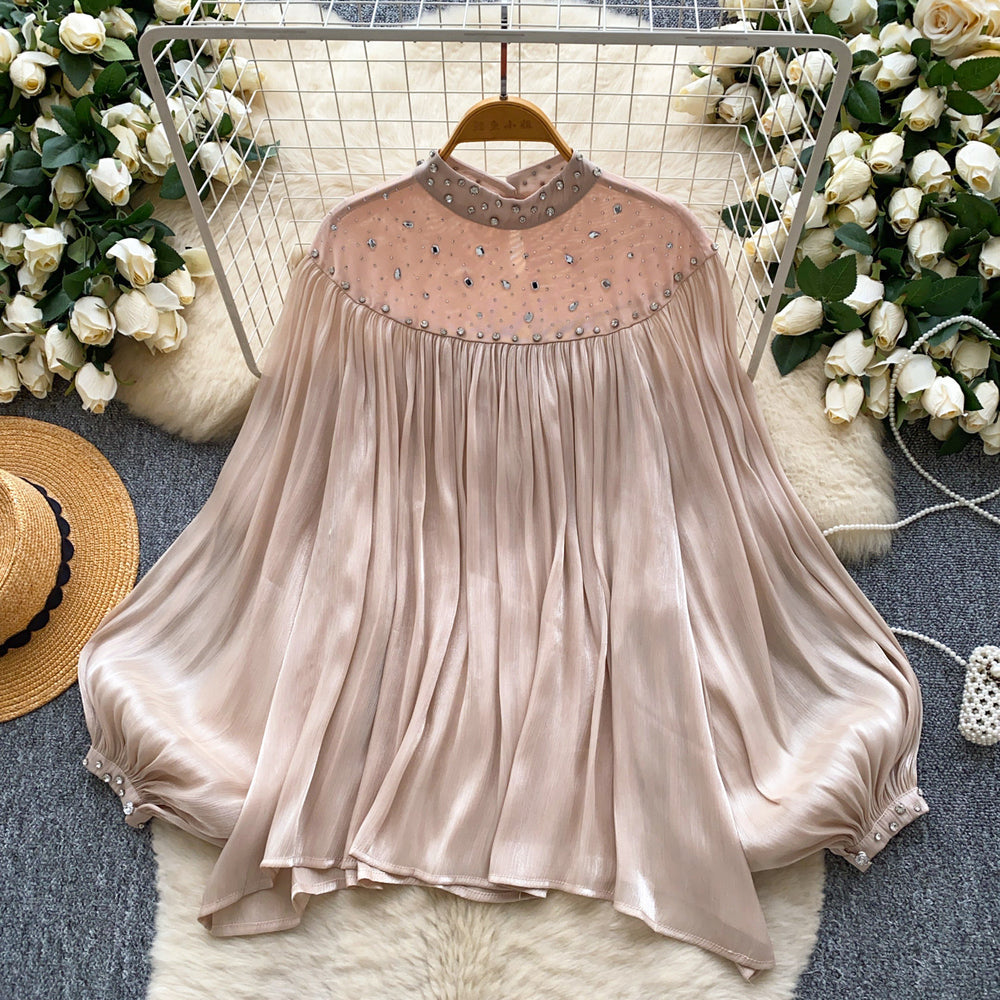 Accessible luxuryeleganceclassy sense of nails and diamonds mesh patchwork lantern sleeves streamer shirt women's autumlooseslimming look bottom shirt