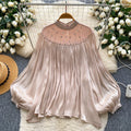 Accessible luxuryeleganceclassy sense of nails and diamonds mesh patchwork lantern sleeves streamer shirt women's autumlooseslimming look bottom shirt
