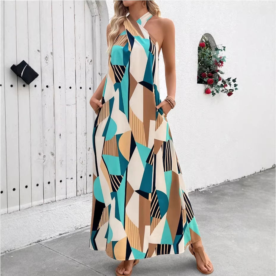 Amazon cross-border e-commerce women's casual vacation criss-cross tie neck loose a-line sleeveless maxi dress