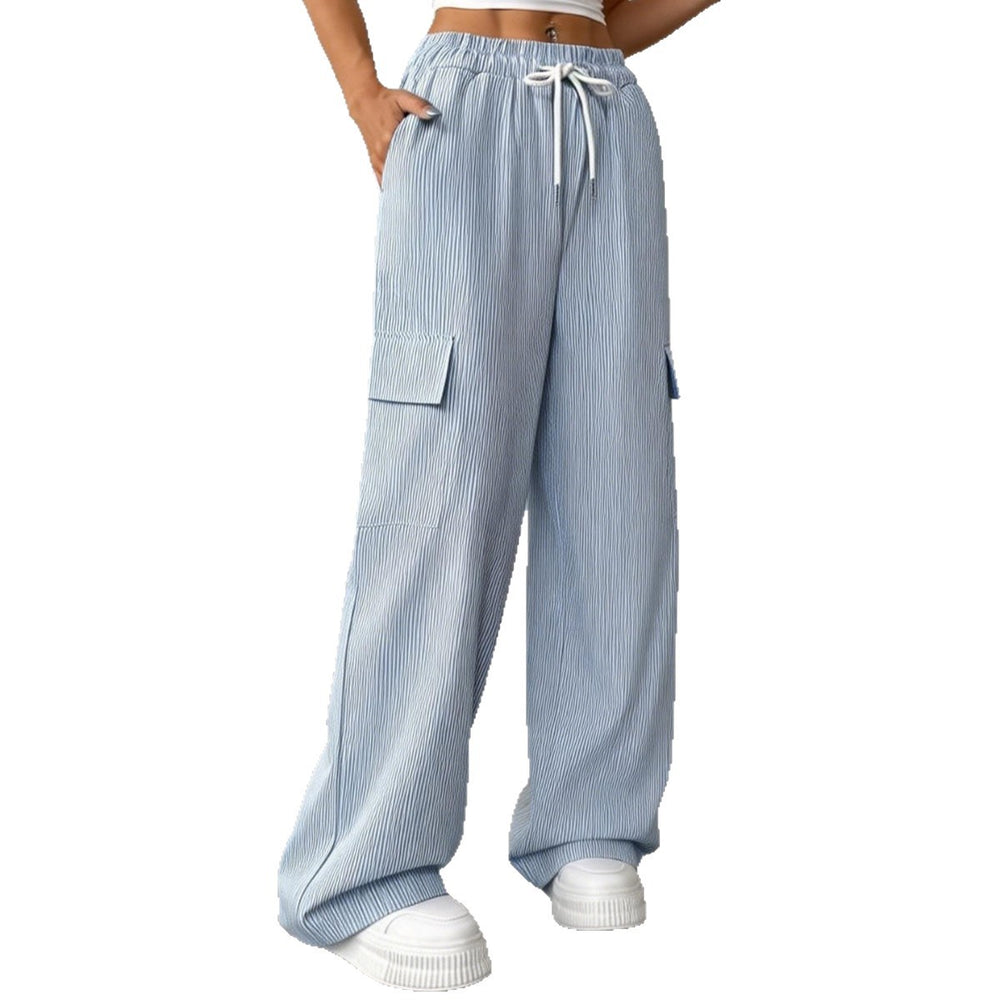 new striped blue high-waisted wide-leg drawstring cargo pants - versatile style for cross-border e-commerce on  (us & europe)
