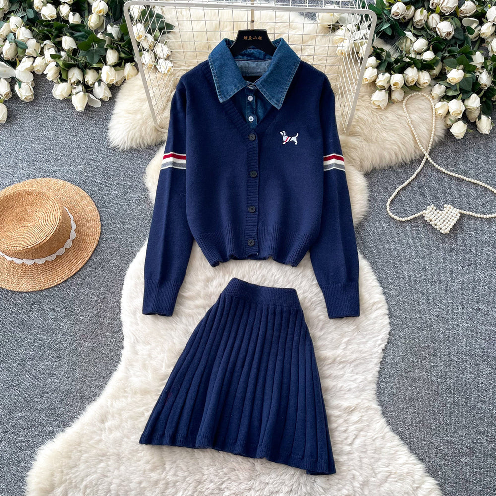 Preppy style embroider dog patchwork denim collar fake two-piece knittingcardiganpleated skirtautumslimming looksuit