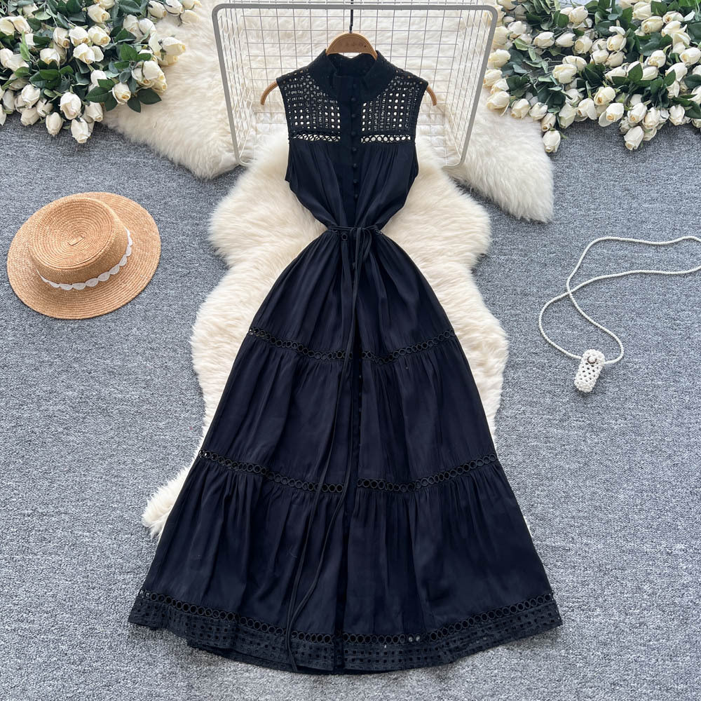 Frenchclassy sense of strap waist sleeveless cut outembroider waist dress female summerslimming lookelegant long skirt