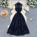 Frenchclassy sense of strap waist sleeveless cut outembroider waist dress female summerslimming lookelegant long skirt